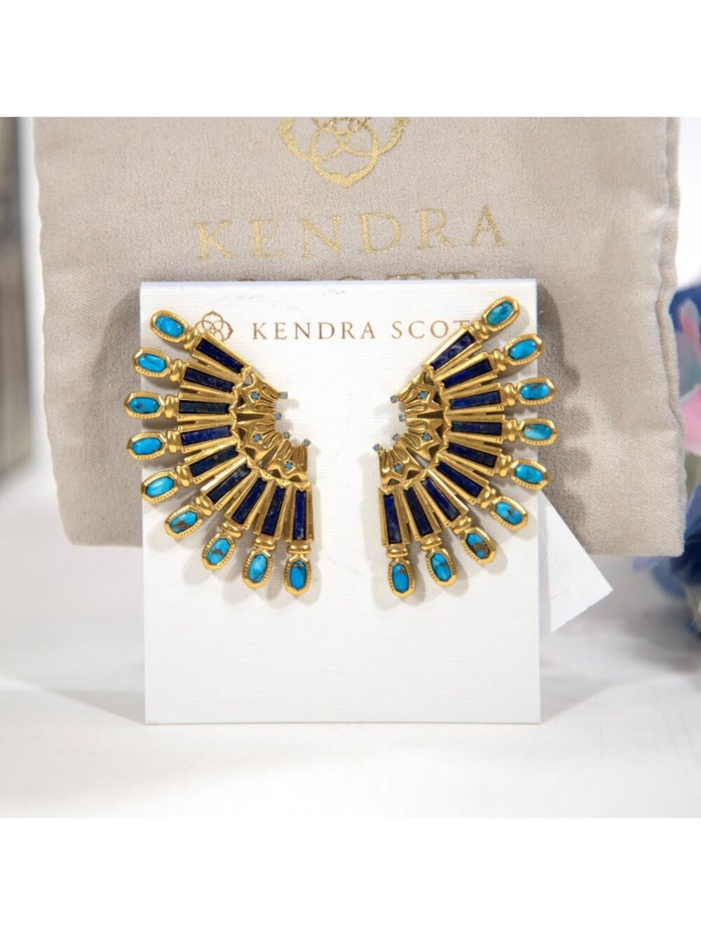 Kendra Scott Catherine Lapis Turquoise Statement Large Gold Earrings NWT $198